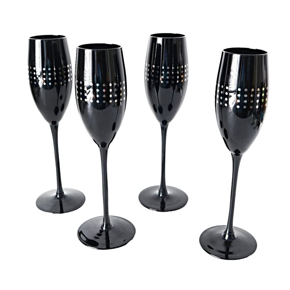 4 Vintage Black With Silver Glass Tall Wine Glasses